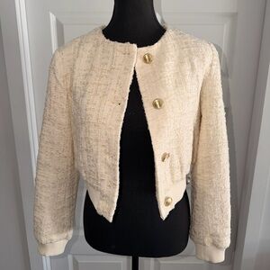 ZARA Cream Tweed Cropped Jacket – Gold Button Detail